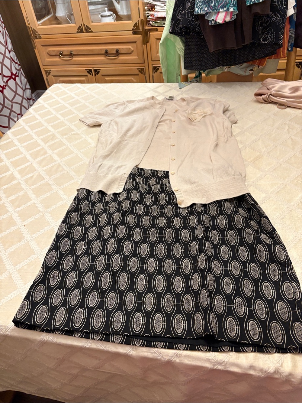 Loft Black Patterned A-Line Skirt with Short Sleeve Cardigan